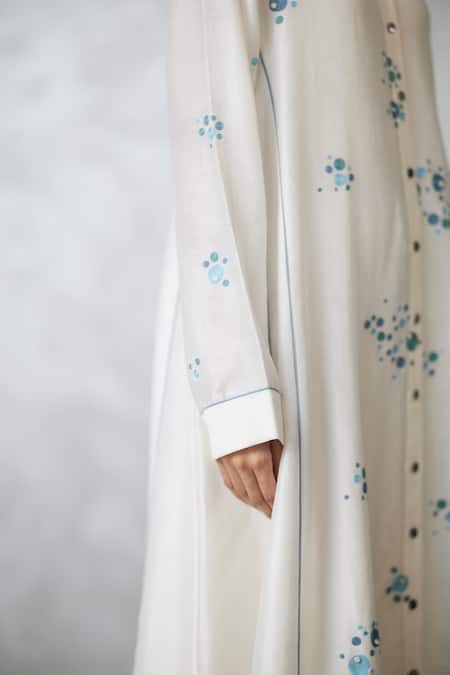 Nachiket Barve_Ivory Chanderi, Shantoon Embroidery Round Neck Dottie Dress _Online_at_Aza_Fashions