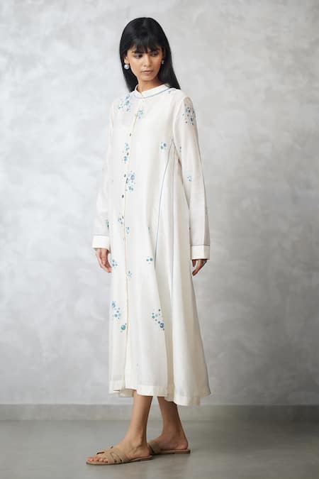 Buy_Nachiket Barve_Ivory Chanderi, Shantoon Embroidery Round Neck Dottie Dress _Online_at_Aza_Fashions