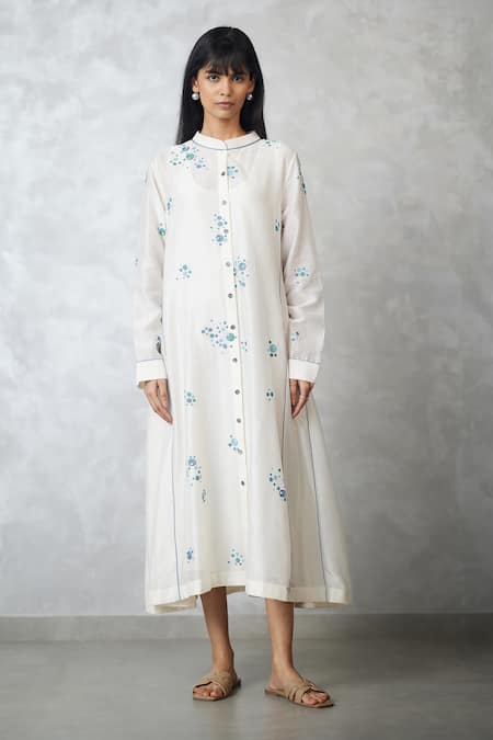 Nachiket Barve Ivory Chanderi, Shantoon Embroidery Round Neck Dottie Dress 