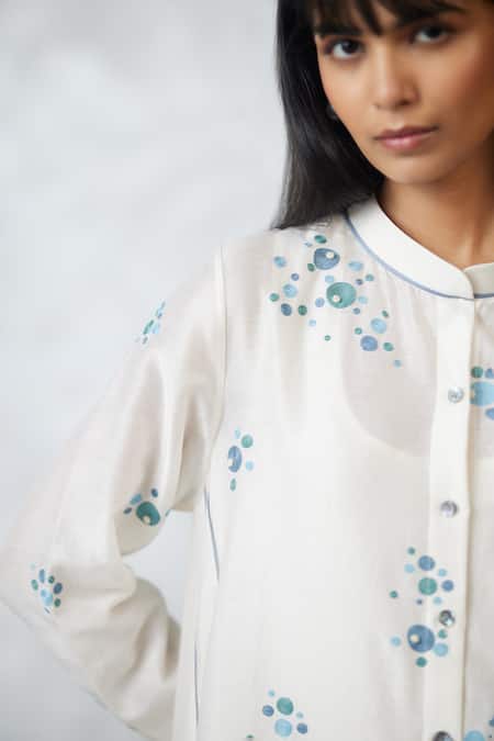 Shop_Nachiket Barve_Ivory Chanderi, Shantoon Embroidery Round Neck Dottie Dress _Online_at_Aza_Fashions