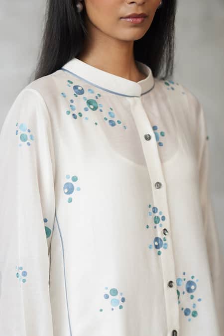 Nachiket Barve_Ivory Chanderi, Shantoon Embroidery Round Neck Dottie Dress _at_Aza_Fashions