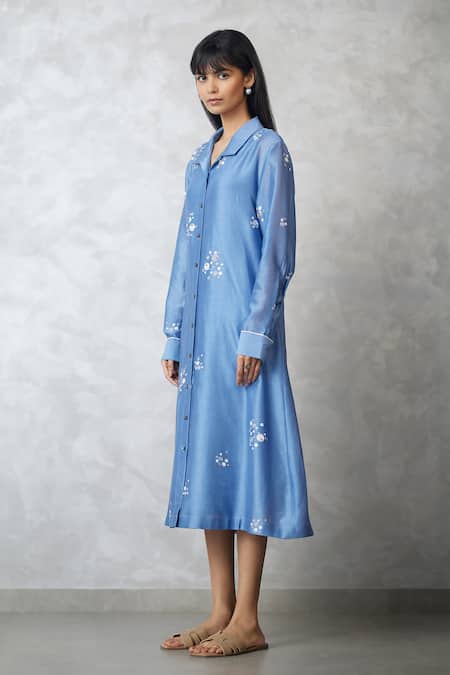 Nachiket Barve_Blue Chanderi, Shantoon Embroidery Collared Light Dottie Slv Shirt Dress _Online_at_Aza_Fashions