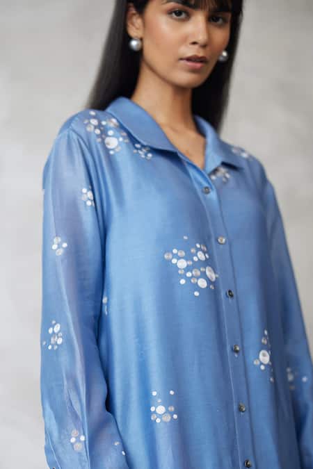 Buy_Nachiket Barve_Blue Chanderi, Shantoon Embroidery Collared Light Dottie Slv Shirt Dress _Online_at_Aza_Fashions