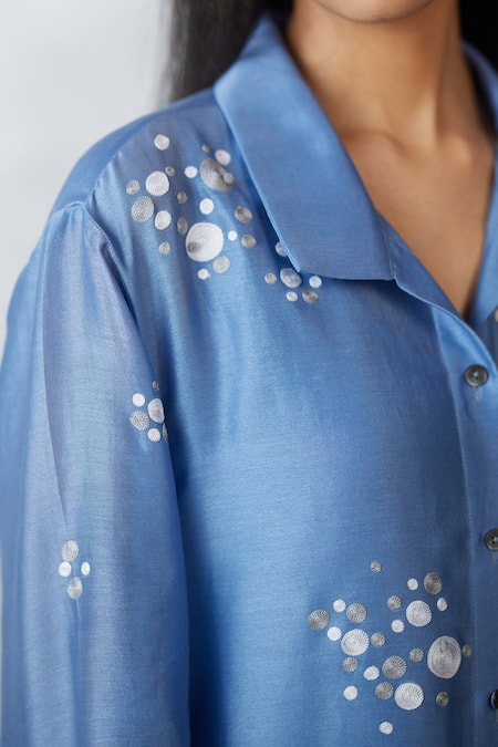 Shop_Nachiket Barve_Blue Chanderi, Shantoon Embroidery Collared Light Dottie Slv Shirt Dress _Online_at_Aza_Fashions