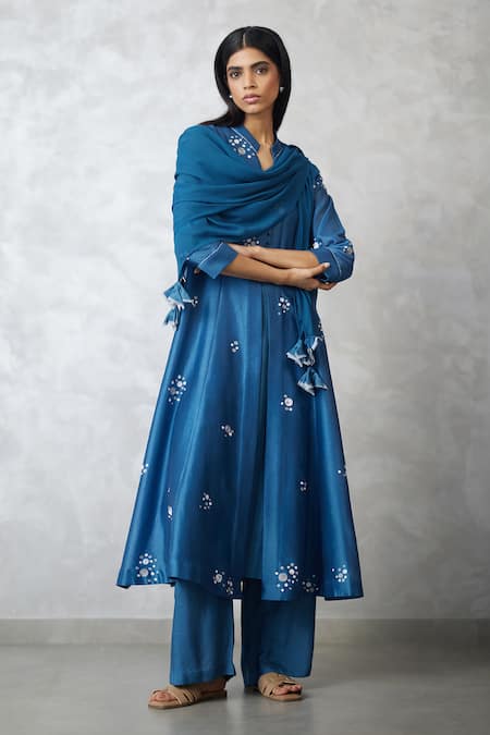 Buy_Nachiket Barve_Blue Chanderi, Georgette Embroidery Round Neck Dottie Kalidar Kurta Set _Online_at_Aza_Fashions