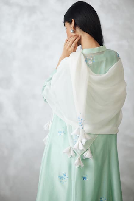 Nachiket Barve_Turquoise Chanderi, Tussar, Georgette Embroidery, Seafoam Dottie Kurta Set _Online_at_Aza_Fashions