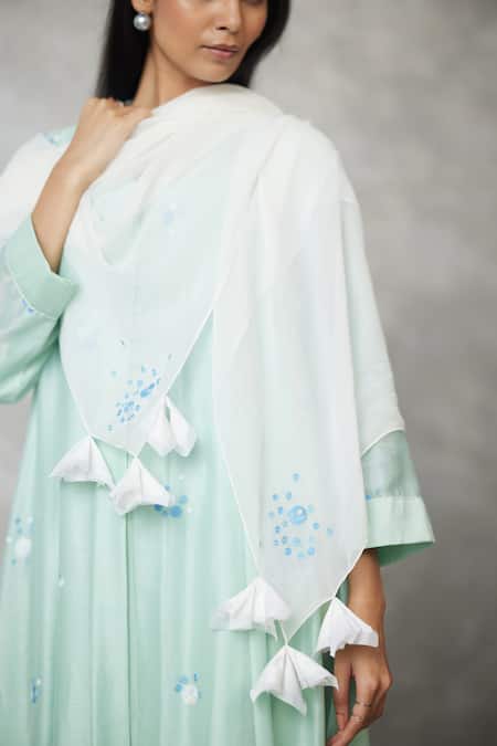 Buy_Nachiket Barve_Turquoise Chanderi, Tussar, Georgette Embroidery, Seafoam Dottie Kurta Set _Online_at_Aza_Fashions