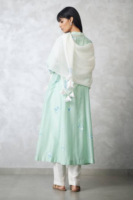 Nachiket Barve_Green Chanderi Embroidery Mandarin Collar Dottie Kalidar Kurta _Online_at_Aza_Fashions