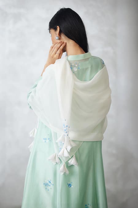 Shop_Nachiket Barve_Green Chanderi Embroidery Mandarin Collar Dottie Kalidar Kurta _Online_at_Aza_Fashions