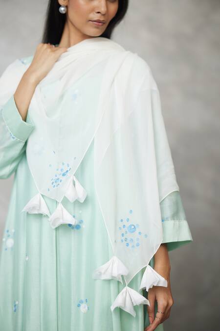 Nachiket Barve_Green Chanderi Embroidery Mandarin Collar Dottie Kalidar Kurta _at_Aza_Fashions