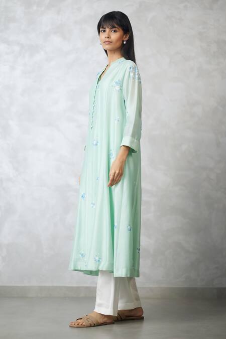 Buy_Nachiket Barve_Green Chanderi Embroidery Mandarin Collar Dottie Kalidar Kurta 