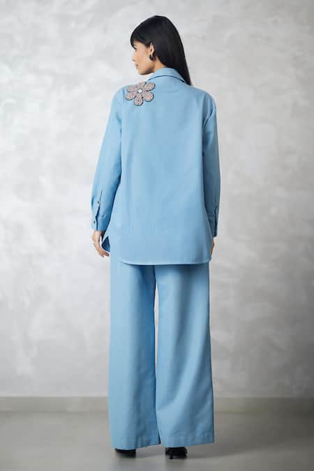Nachiket Barve Light Denim Blue Floral Shirt & Pant Set 