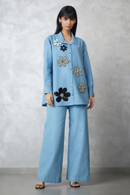 Nachiket Barve Blue Denim Embroidery, Beads Collared Light Floral Shirt And Pant Set 