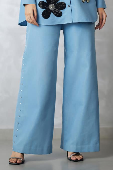 Nachiket Barve_Blue Denim Embroidery, Beads Collared Light Floral Shirt And Pant Set _Online_at_Aza_Fashions