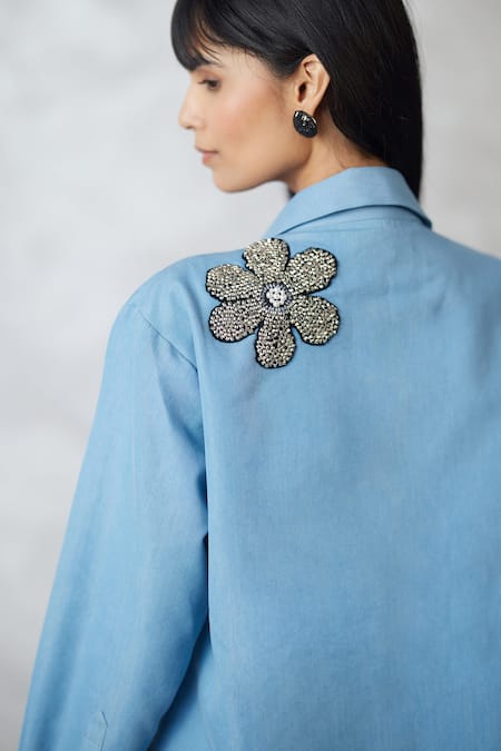Buy_Nachiket Barve_Blue Denim Embroidery, Beads Collared Light Floral Shirt And Pant Set _Online_at_Aza_Fashions