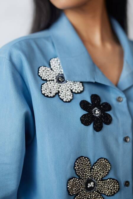 Buy_Nachiket Barve_Blue Denim Embroidery, Beads Collared Light Floral Shirt And Pant Set 