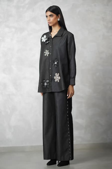 Nachiket Barve_Black Denim Embroidery, Pearls Collared Shirt And Pant Set _Online_at_Aza_Fashions