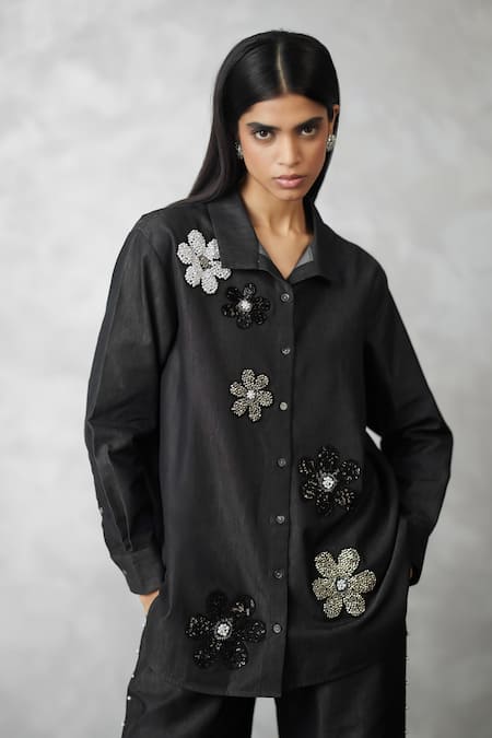 Buy_Nachiket Barve_Black Denim Embroidery, Pearls Collared Shirt And Pant Set _Online_at_Aza_Fashions