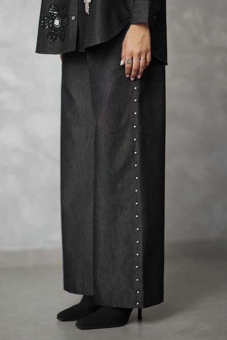 Shop_Nachiket Barve_Black Denim Embroidery, Pearls Collared Shirt And Pant Set _Online_at_Aza_Fashions
