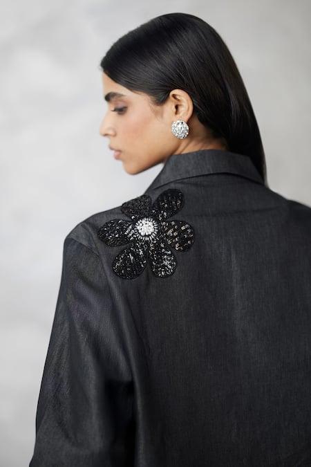 Nachiket Barve_Black Denim Embroidery, Pearls Collared Shirt And Pant Set _at_Aza_Fashions