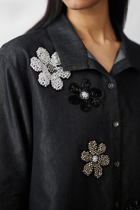 Buy_Nachiket Barve_Black Denim Embroidery, Pearls Collared Shirt And Pant Set 