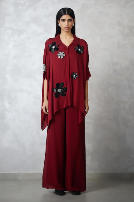 Nachiket Barve Maroon Georgette Embroidery, Sequins Collared Florencio Shirt And Pant Set