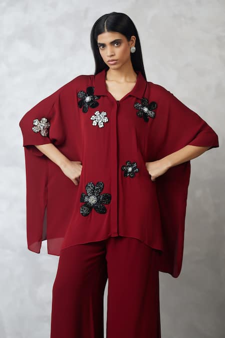 Nachiket Barve_Maroon Georgette Embroidery, Sequins Collared Florencio Shirt And Pant Set _Online_at_Aza_Fashions