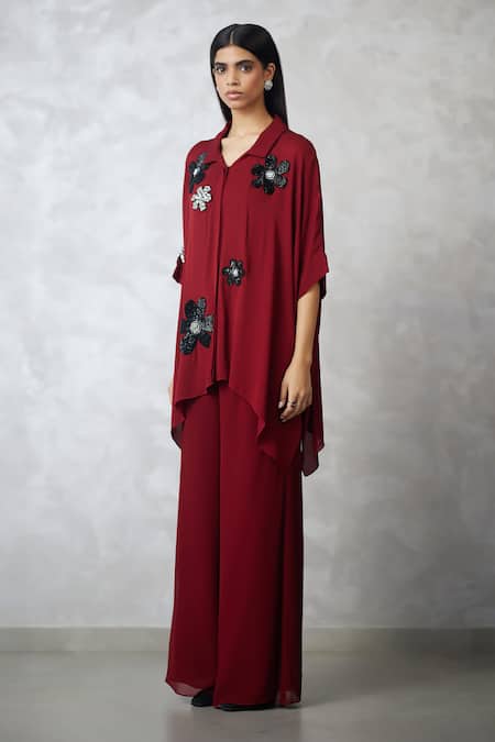 Shop_Nachiket Barve_Maroon Georgette Embroidery, Sequins Collared Florencio Shirt And Pant Set _Online_at_Aza_Fashions