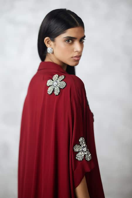 Nachiket Barve_Maroon Georgette Embroidery, Sequins Collared Florencio Shirt And Pant Set _at_Aza_Fashions