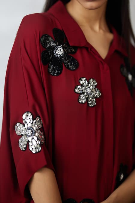 Buy_Nachiket Barve_Maroon Georgette Embroidery, Sequins Collared Florencio Shirt And Pant Set 