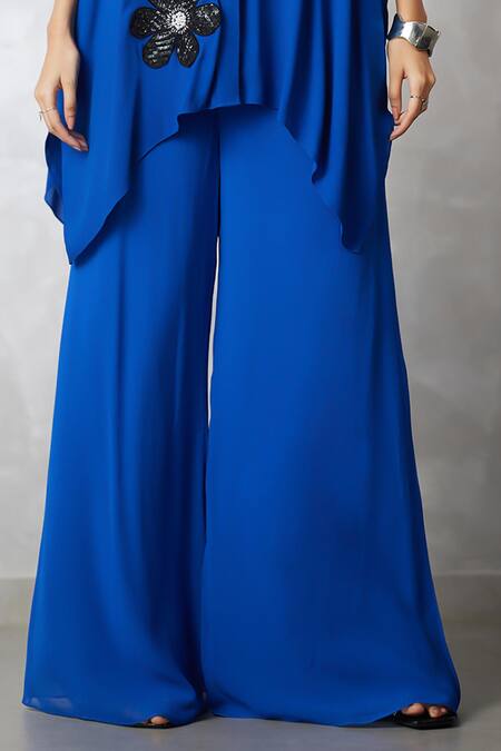 Nachiket Barve_Blue Georgette Sequins, Fabric Flowers Collared Florencio Shirt And Pant Set _Online_at_Aza_Fashions