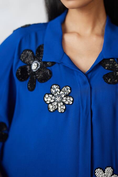 Buy_Nachiket Barve_Blue Georgette Sequins, Fabric Flowers Collared Florencio Shirt And Pant Set _Online_at_Aza_Fashions