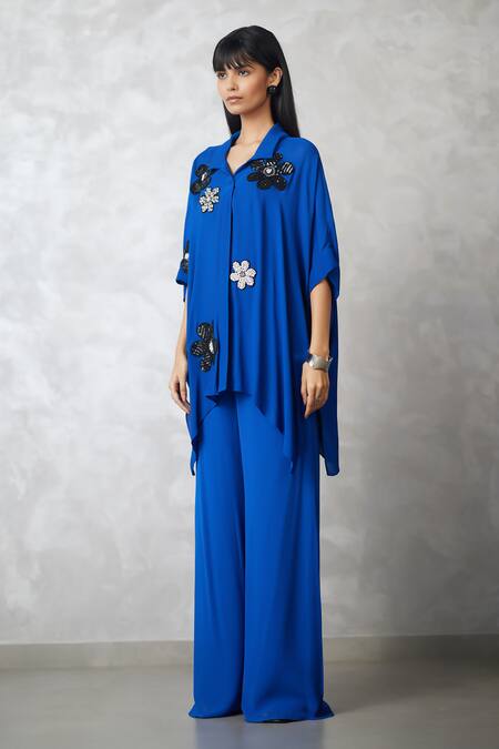 Shop_Nachiket Barve_Blue Georgette Sequins, Fabric Flowers Collared Florencio Shirt And Pant Set _Online_at_Aza_Fashions