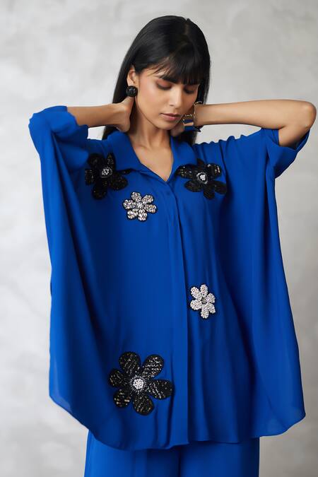 Nachiket Barve_Blue Georgette Sequins, Fabric Flowers Collared Florencio Shirt And Pant Set _at_Aza_Fashions