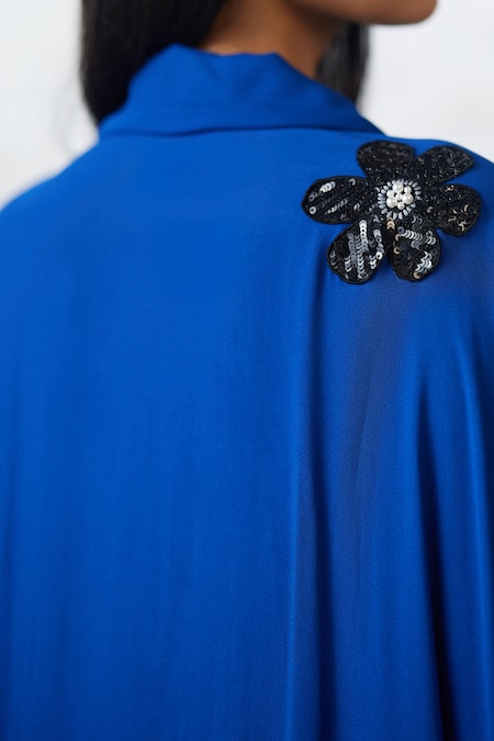 Buy_Nachiket Barve_Blue Georgette Sequins, Fabric Flowers Collared Florencio Shirt And Pant Set 