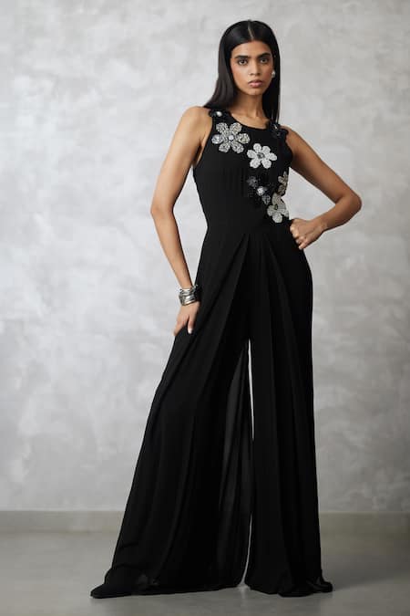 Nachiket Barve Black Georgette, Shantoon Beads, Sequins Round Neck Florencio Jumpsuit 