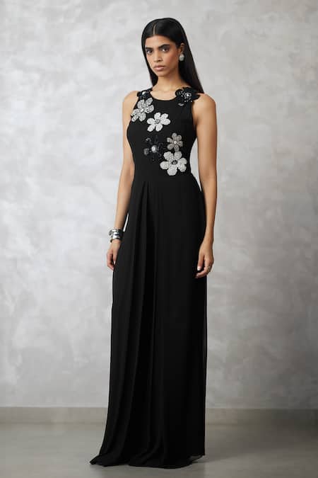 Nachiket Barve_Black Georgette, Shantoon Beads, Sequins Round Neck Florencio Jumpsuit _Online_at_Aza_Fashions