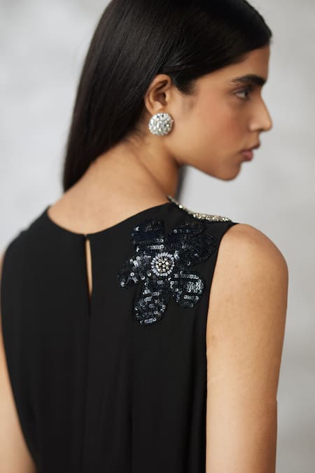 Buy_Nachiket Barve_Black Georgette, Shantoon Sequins, Beads Round Neck Florencio Draped Dress _Online_at_Aza_Fashions