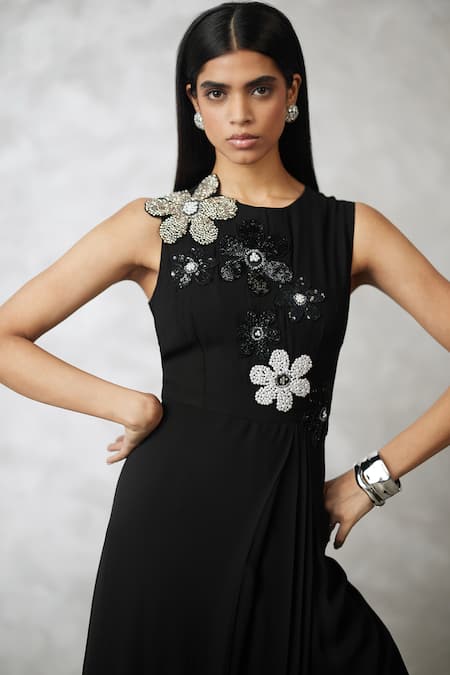 Shop_Nachiket Barve_Black Georgette, Shantoon Sequins, Beads Round Neck Florencio Draped Dress _Online_at_Aza_Fashions