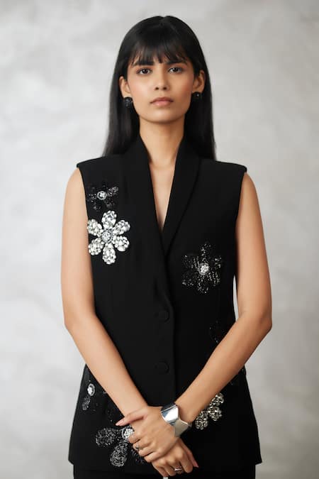Shop_Nachiket Barve_Black Wool Sequins Pearl Detailed Blazer And Pant Set _Online_at_Aza_Fashions