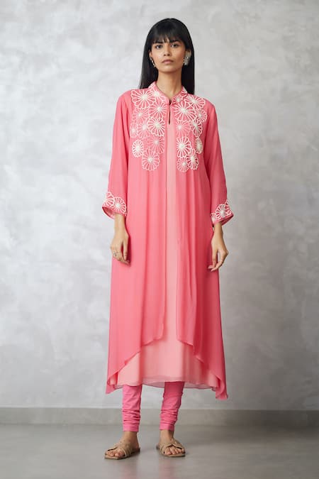 Nachiket Barve Coral Color Blocked Jacket Tunic 