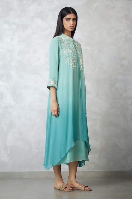 Nachiket Barve Turquoise Georgette, Shantoon Embroidery Round Neck, Ombre Faux Jacket Dress Online at Aza Fashions Nachiket Barve_Turquoise Georgette, Shantoon Embroidery Round Neck, Ombre Faux Jacket Dress _Online_at_Aza_Fashions