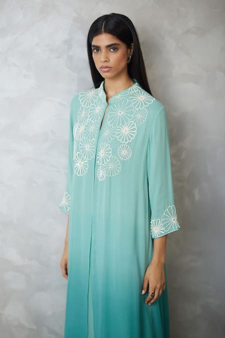 Buy Nachiket Barve Turquoise Georgette, Shantoon Embroidery Round Neck, Ombre Faux Jacket Dress Online at Aza Fashions Buy_Nachiket Barve_Turquoise Georgette, Shantoon Embroidery Round Neck, Ombre Faux Jacket Dress _Online_at_Aza_Fashions