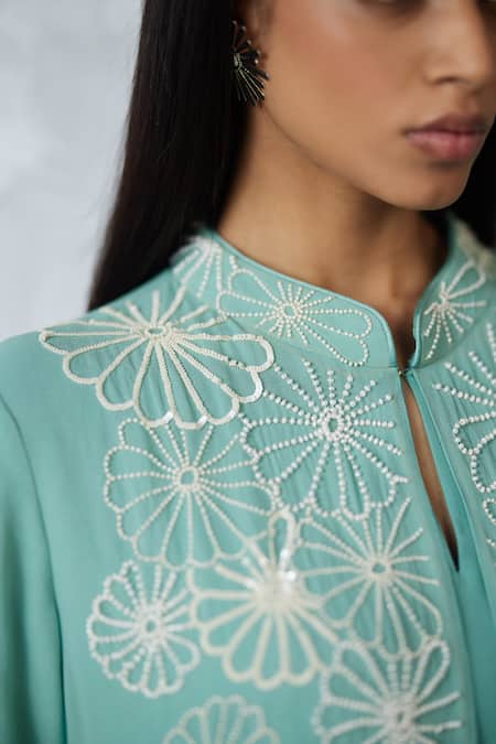 Shop Nachiket Barve Turquoise Georgette, Shantoon Embroidery Round Neck, Ombre Faux Jacket Dress Online at Aza Fashions Shop_Nachiket Barve_Turquoise Georgette, Shantoon Embroidery Round Neck, Ombre Faux Jacket Dress _Online_at_Aza_Fashions