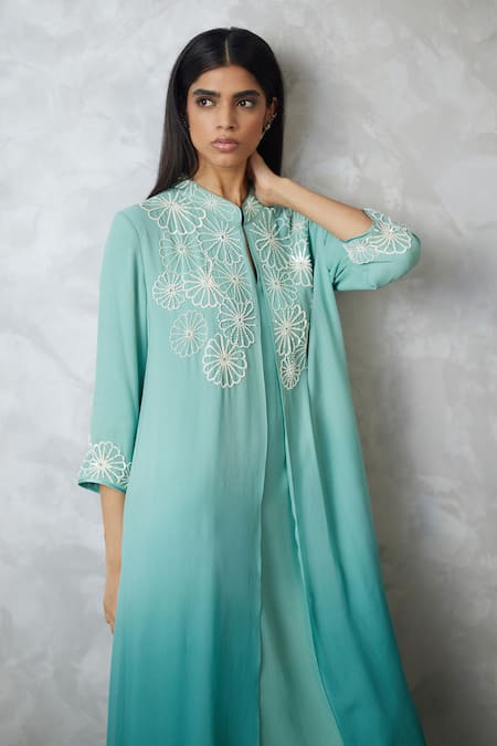 Nachiket Barve Turquoise Georgette, Shantoon Embroidery Round Neck, Ombre Faux Jacket Dress at Aza Fashions Nachiket Barve_Turquoise Georgette, Shantoon Embroidery Round Neck, Ombre Faux Jacket Dress _at_Aza_Fashions