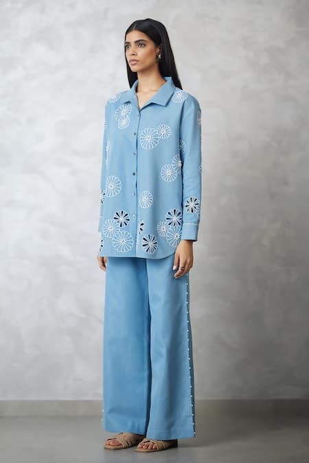 Nachiket Barve Blue Denim Cut Work, Pearls Collared Cutwork Shirt And Pant Set