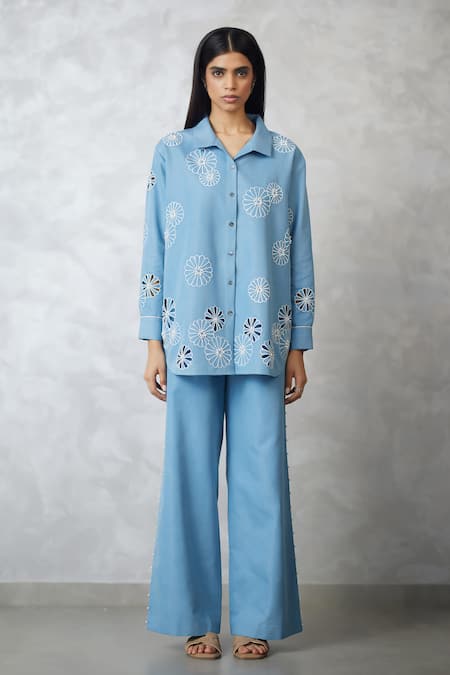 Nachiket Barve_Blue Denim Cut Work, Pearls Collared Cutwork Shirt And Pant Set _Online_at_Aza_Fashions