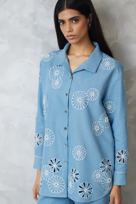 Buy_Nachiket Barve_Blue Denim Cut Work, Pearls Collared Cutwork Shirt And Pant Set _Online_at_Aza_Fashions