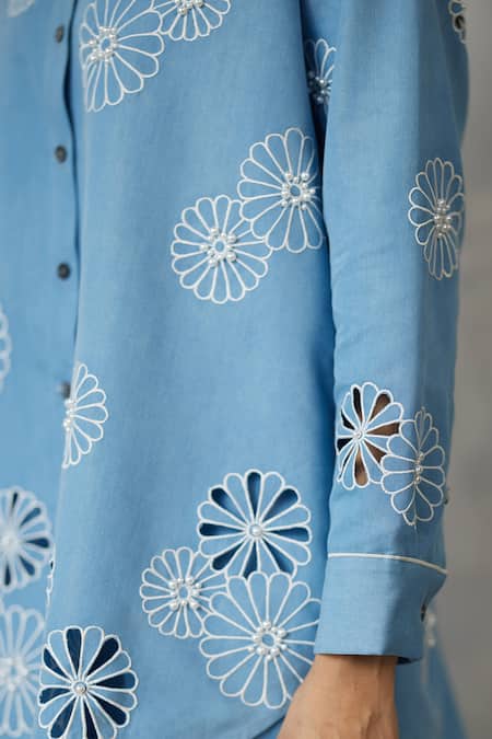 Nachiket Barve_Blue Denim Cut Work, Pearls Collared Cutwork Shirt And Pant Set _at_Aza_Fashions