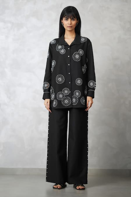 Nachiket Barve Black Denim Cut Work, Pearls Collared Cutwork Shirt With Pant 
